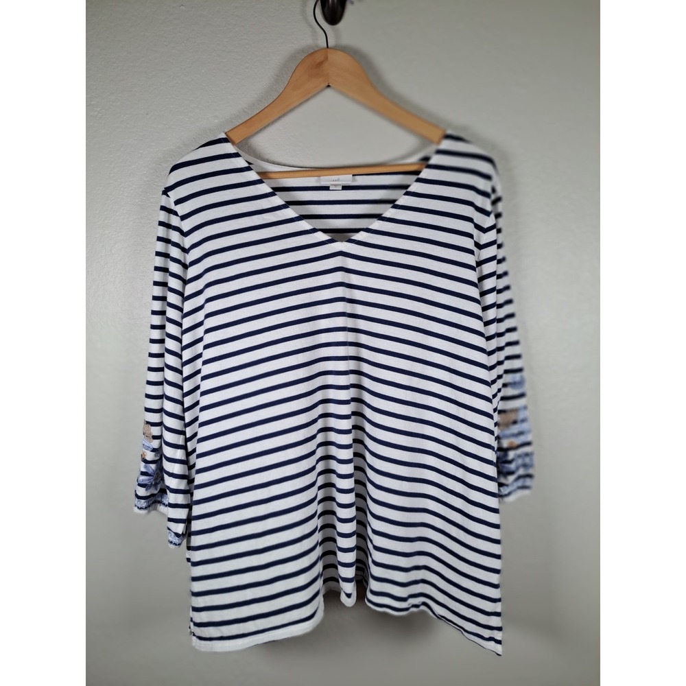J. Jill Striped Embroidered Sleeve V-Neck Top Navy White Cotton Modal 2X